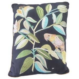 Anthropologie Parrot and Branches Embroidered Cotton Pillow 12”x18”